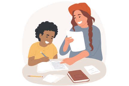 A student sitting at a desk writing on paper with an adult holding apiece of paper, helping with schoolwork