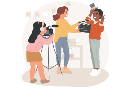 Graphic of students and teacher acting in class with a camera and clapperboard