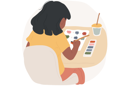 Graphic of student sitting at a desk painting with different colors