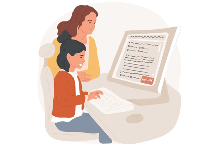 Parent helping student with homework on a computer