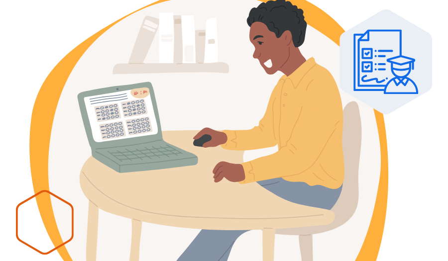 Graphic of student sitting at a desk and doing homework on a laptop