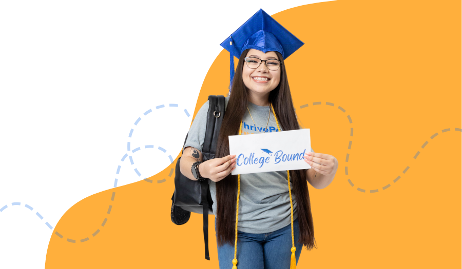 ThrivePoint student wearing a graduation cap and holding a college bound sign