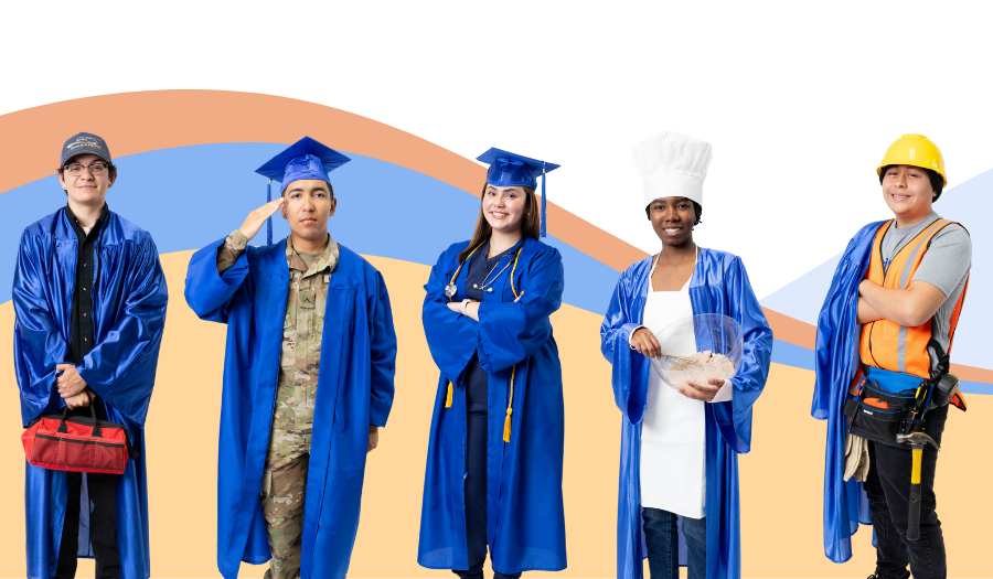 Students in a line across wearing graduation cap and gowns