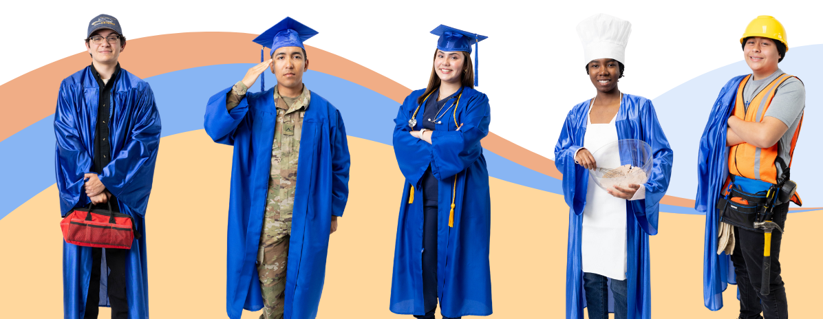 Students standing in graduation cap and gowns